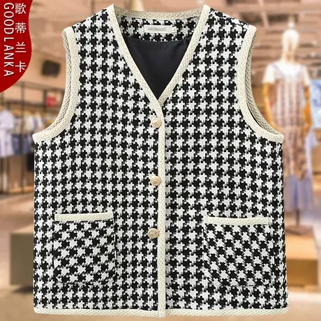 加肥加大码妈妈装春秋小香风马甲外套洋气中年妈妈格子外穿马夹女商品大图