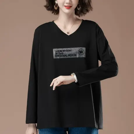 早秋长袖t恤女v领加肥加大码女装宽松中年妈妈休闲百搭显瘦打底衫商品大图