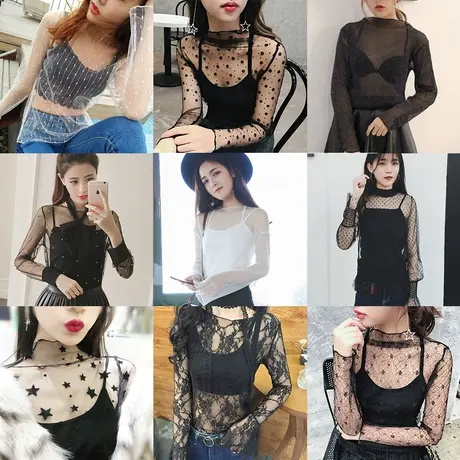 2024春夏性感内搭T恤透明网纱打底衫波点网格透视长袖百搭蕾丝衫商品大图