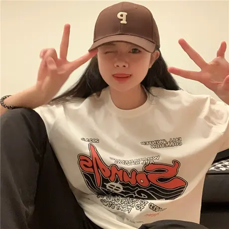 红续美式复古街头vintage纯棉宽松短袖T恤女夏季oversize休闲上衣图片