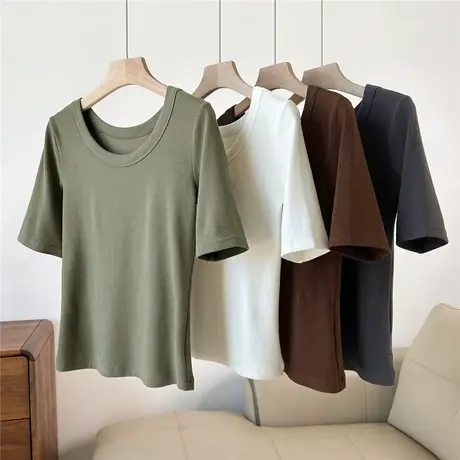 2023年夏季新款韩版简约纯色修身T恤圆领五分中袖百搭半袖上衣服商品大图