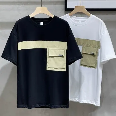 纯棉潮牌t恤男士夏季宽松日系休闲口袋男装短袖拼接半袖体恤上衣商品大图