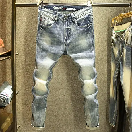 2024春秋款复古牛仔裤男款高端水洗磨白潮流时尚修身小直筒裤子男商品大图