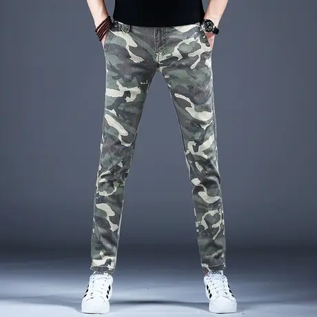 2023新款高档潮牌迷彩牛仔裤男款小脚修身弹力潮流裤子男士休闲裤商品大图