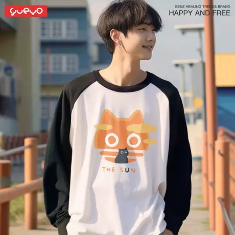悦游 moon&sun黑猫 重磅纯棉260g宽松拼色插肩T恤男原创潮牌情侣商品大图