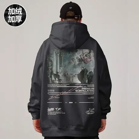 2024新款卫衣男美式秋冬季胖子oversize大码宽松加绒加厚连帽外套商品大图