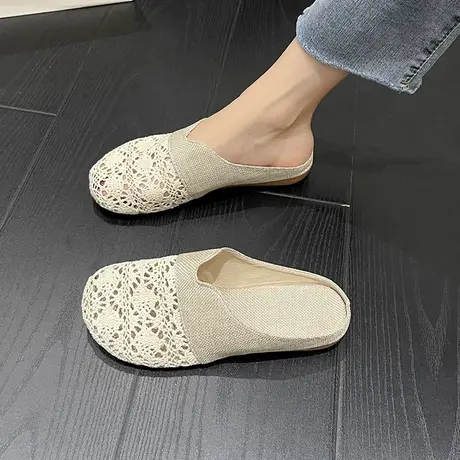 包头半拖鞋女2024年新款百搭镂空渔夫鞋亚麻编织懒人外穿凉拖鞋潮商品大图