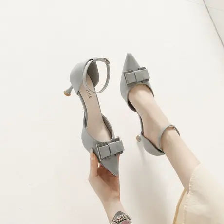 一字带中空高跟鞋女2024春季新款气质百搭蝴蝶结水钻尖头细跟单鞋商品大图