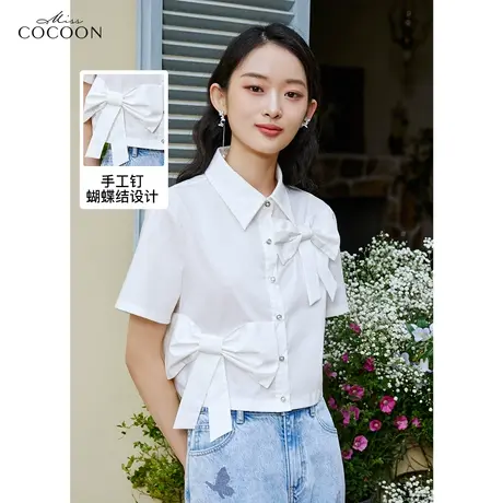 missCOCOON短袖白衬衫女2023新款夏短款设计感小众洋气蝴蝶结上衣商品大图
