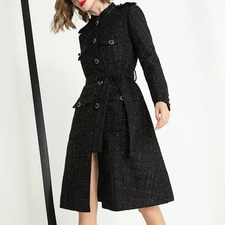 aui黑色欧美风粗花呢毛呢外套女中长款2023秋冬新款气质呢子大衣图片