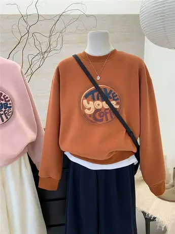 2023韩系宽松加绒加厚字母印花圆领套头卫衣女士秋冬款外套上衣商品大图