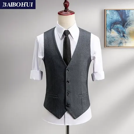 灰色条纹西装马甲男士商务职业修身背心时尚潮复古英伦马夹男坎肩商品大图