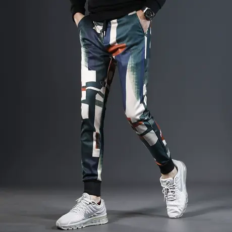 高端潮牌裤子男休闲裤秋冬款修身束脚潮流花裤子松紧腰男士裤子冬商品大图