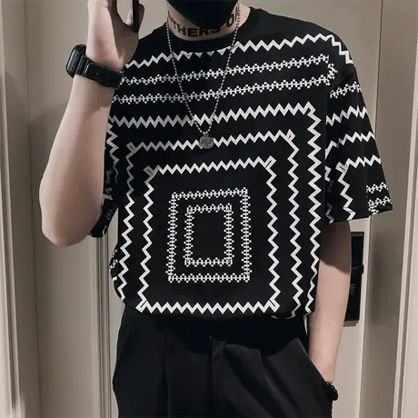 夏季男士t恤上衣短袖宽松半袖潮流休闲波浪条纹时尚个性潮牌体恤商品大图