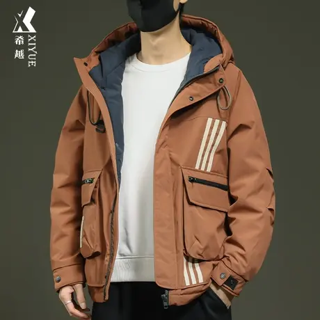 希越白鸭绒连帽羽绒服冬季美式宽松大码男士高级感新国标工装外套商品大图