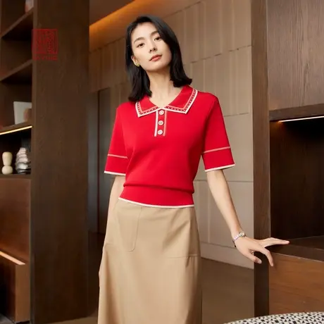 EP雅莹高端系列 polo领撞色珍珠短袖针织衫 2024早春新款9513A商品大图