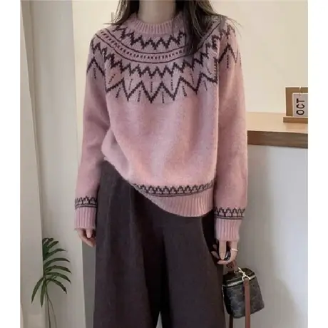 复古花纹设计圆领毛衣女2023年秋冬新款宽松慵懒风软糯女士针织衫商品大图