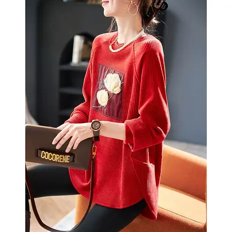 宝诗黎圆领钉钻灯芯绒卫衣女宽松长袖新年红色上衣2024春秋季新款商品大图