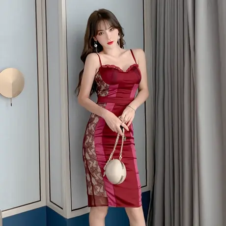 酒红色宴会小礼服轻奢小众设计感名媛修身性感气质吊带连衣裙女装商品大图