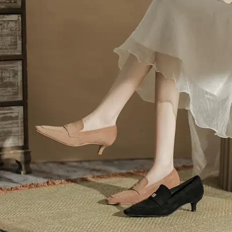 复古单鞋女2024新款英伦风尖头小众气质名媛细跟低跟不累脚高跟鞋商品大图