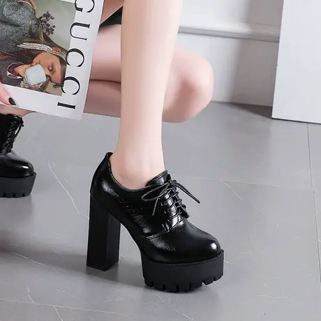 超高跟鞋系带圆头单鞋女2024春季新款女鞋子防水台粗跟厚底小皮鞋图片