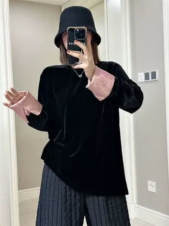 早春新款丝绒拼接撞色宽松圆领上衣新中式气质百搭高级感小衫女潮商品大图