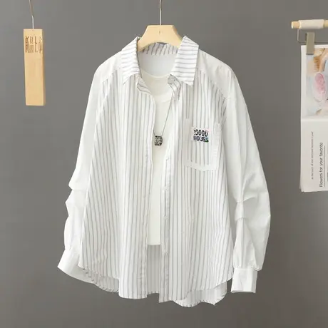 法式别致长袖条纹衬衫女春秋2024新款泡泡袖衬衣外套气质宽松上衣图片