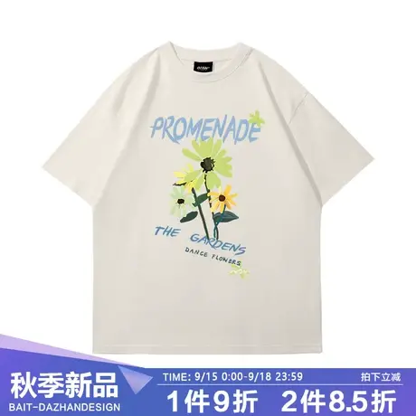 国潮风chic港味花朵短袖t恤男女夏季宽松别致vintage复古涂鸦上衣商品大图