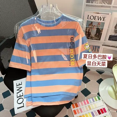纯棉条纹短袖t恤女夏季新款韩版宽松设计感小众独特别致上衣潮牌商品大图
