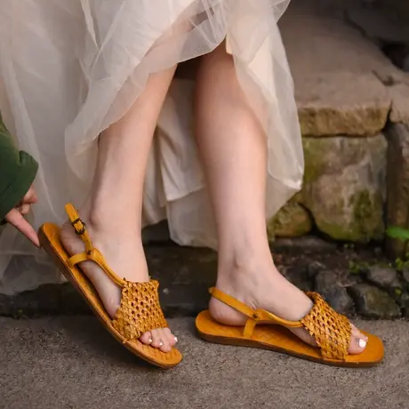 Artmu阿木原创复古平底凉鞋2023年女新款镂空波西米亚沙滩鞋真皮图片