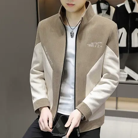 春秋季立领夹克男士潮牌痞帅灯芯绒外套休闲撞色拼接短款男装风衣商品大图