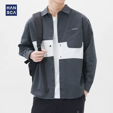 汉斯卡休闲衬衫长袖男春季纯棉撞色拼接宽松百搭日系潮流工装外套商品大图