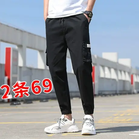 秋季九分工装裤男修身韩版潮流束脚休闲9分黑色裤子男士潮牌长裤商品大图