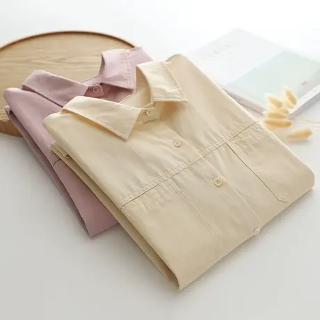 韩版文艺简约长袖翻领纯棉衬衫女休闲宽松衬衣春秋装新款打底上衣图片