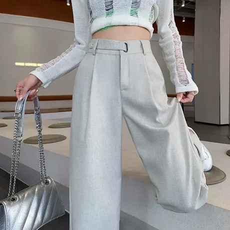 西装裤女2024年春夏新款高腰垂感宽松休闲直筒百搭拖地窄版阔腿裤图片