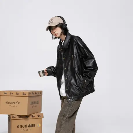 街头潮牌纯色皮衣女春季2024新款复古PU皮夹克外套宽松情侣装上衣商品大图