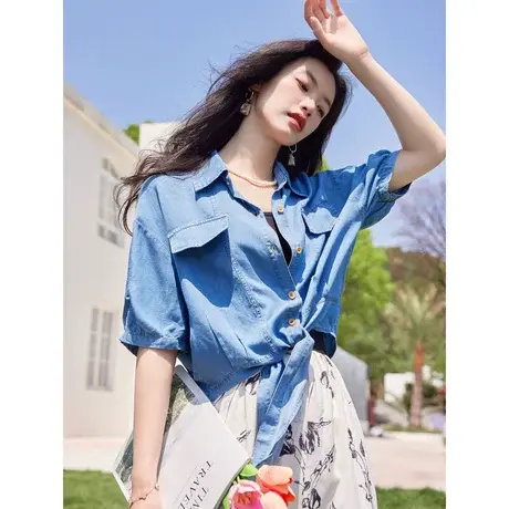 时尚气质短袖牛仔外套2023年夏季新款女士温柔宽松显瘦通勤上衣图片