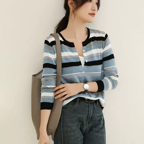 韩潮袭人秋新款法式撞色条纹毛衣2023秋宽松长袖针织开衫上衣女商品大图