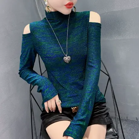 半高领紧身内搭打底衫女春秋性感露肩T恤女长袖亮丝洋气加绒上衣商品大图