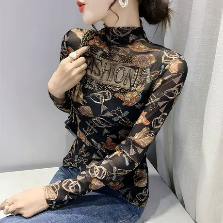 性感镂空网纱T恤女长袖加绒加厚半高领打底衫秋冬复古印花上衣潮商品大图