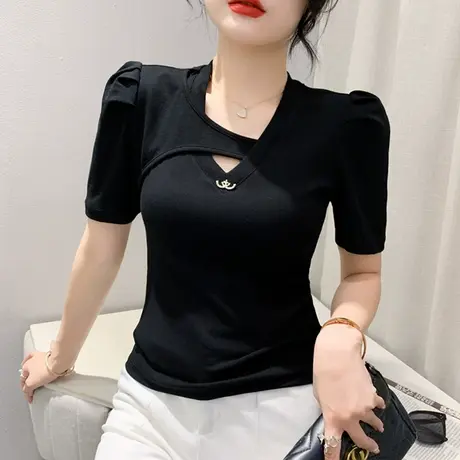 欧货设计感泡泡袖T恤女洋气修身显瘦小衫夏季性感镂空上衣短袖ins商品大图