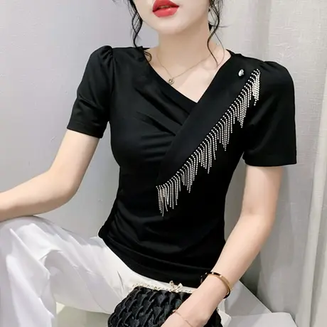 2023夏装新款欧货斜领T恤女短袖时尚洋气流苏上衣别致设计感小衫商品大图