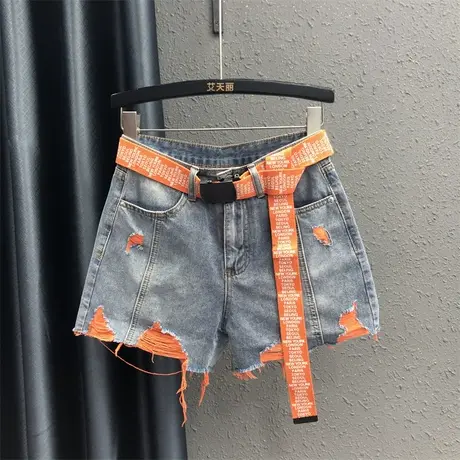 2023夏季新款洋气百搭破洞a字阔腿裤女高腰时尚重工洗水牛仔短裤商品大图
