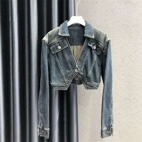 2023秋季新款不规则牛仔短外套女时尚露腰长袖小众辣妹做旧上衣潮商品大图