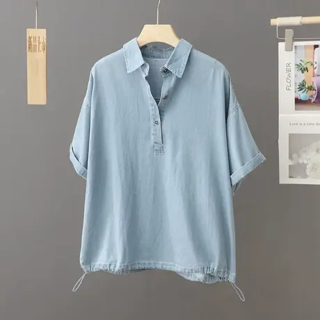 夏季轻薄款短袖牛仔衬衫女宽松套头休闲翻领衬衣2023新款上衣小衫图片