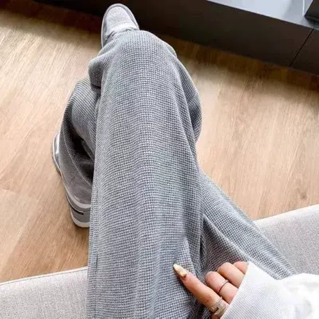 设计感华夫格运动休闲裤女秋季小个子高腰直筒裤宽松拖地阔腿长裤图片