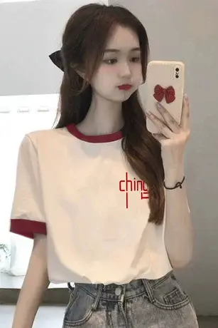 潮牌仿棉袖短袖t恤女夏季2023年新款插肩宽松百搭设计感小众上衣图片