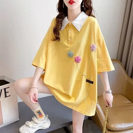 设计感小众短袖t恤女夏季韩版宽松大码女装中长款polo领上衣服潮图片