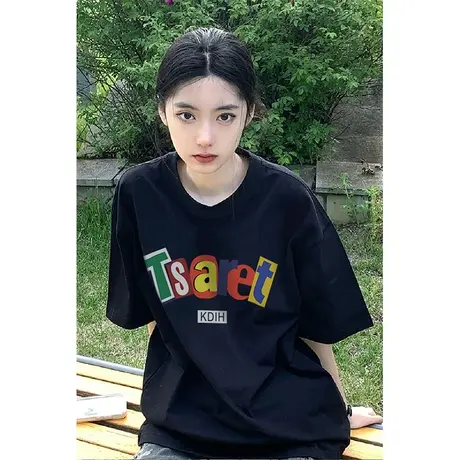 纯棉重磅设计感短袖t恤女2023新款夏季小众宽松美式复古半袖上衣图片