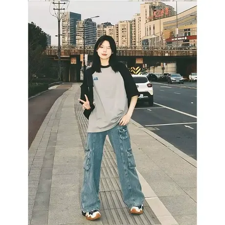 纯棉拼色短袖t恤女夏季2023新款设计感小众宽松港味chic正肩上衣商品大图